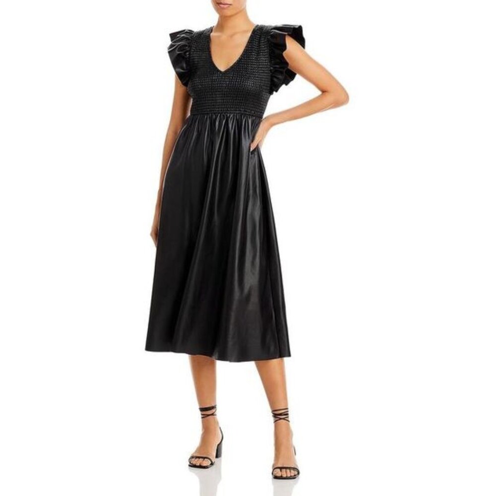 En Saison Rylee Smocked Faux Leather Midi Dress Black M Medium Flutter Sleeves